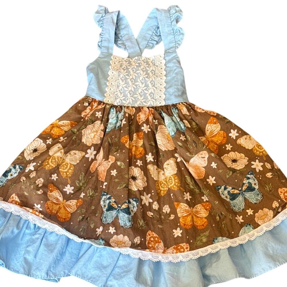Ricrac & Ruffles Butterfly Dress Girls 3T Boutique Floral Blue Brown Ruffle Trim